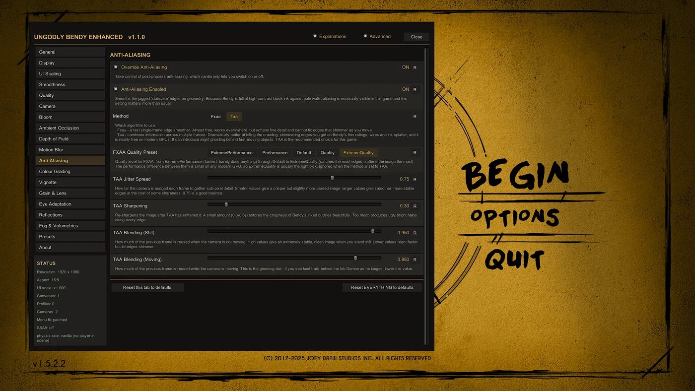 Anti-Aliasing tab of the Ungodly Bendy Enhanced settings window