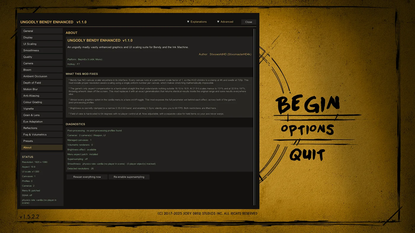 About tab of the Ungodly Bendy Enhanced settings window