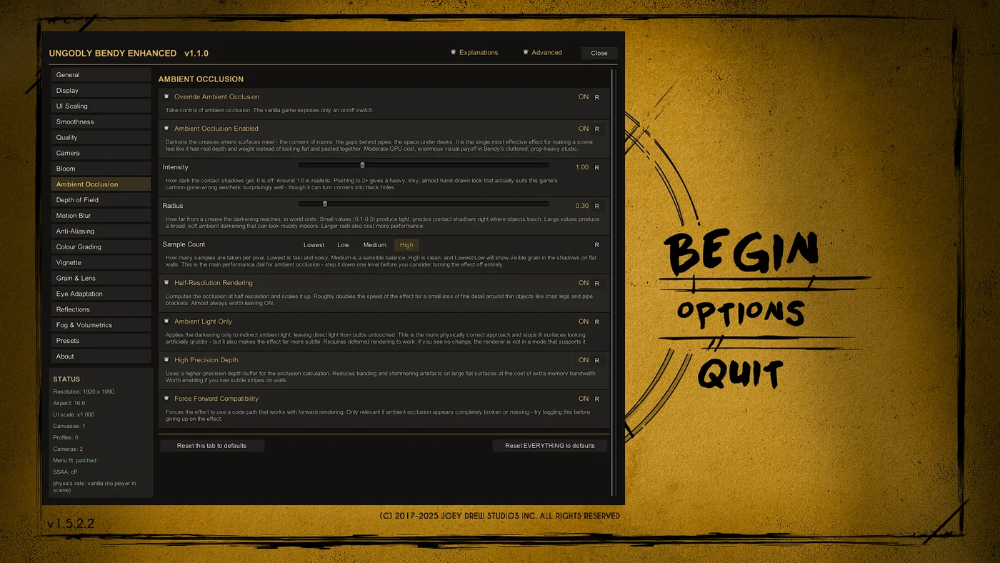 Ambient Occlusion tab of the Ungodly Bendy Enhanced settings window