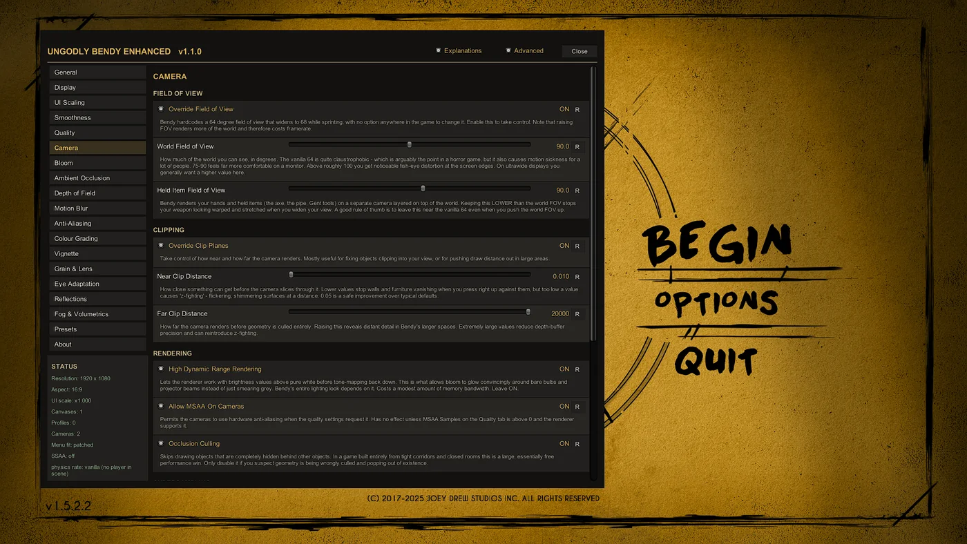 Camera tab of the Ungodly Bendy Enhanced settings window