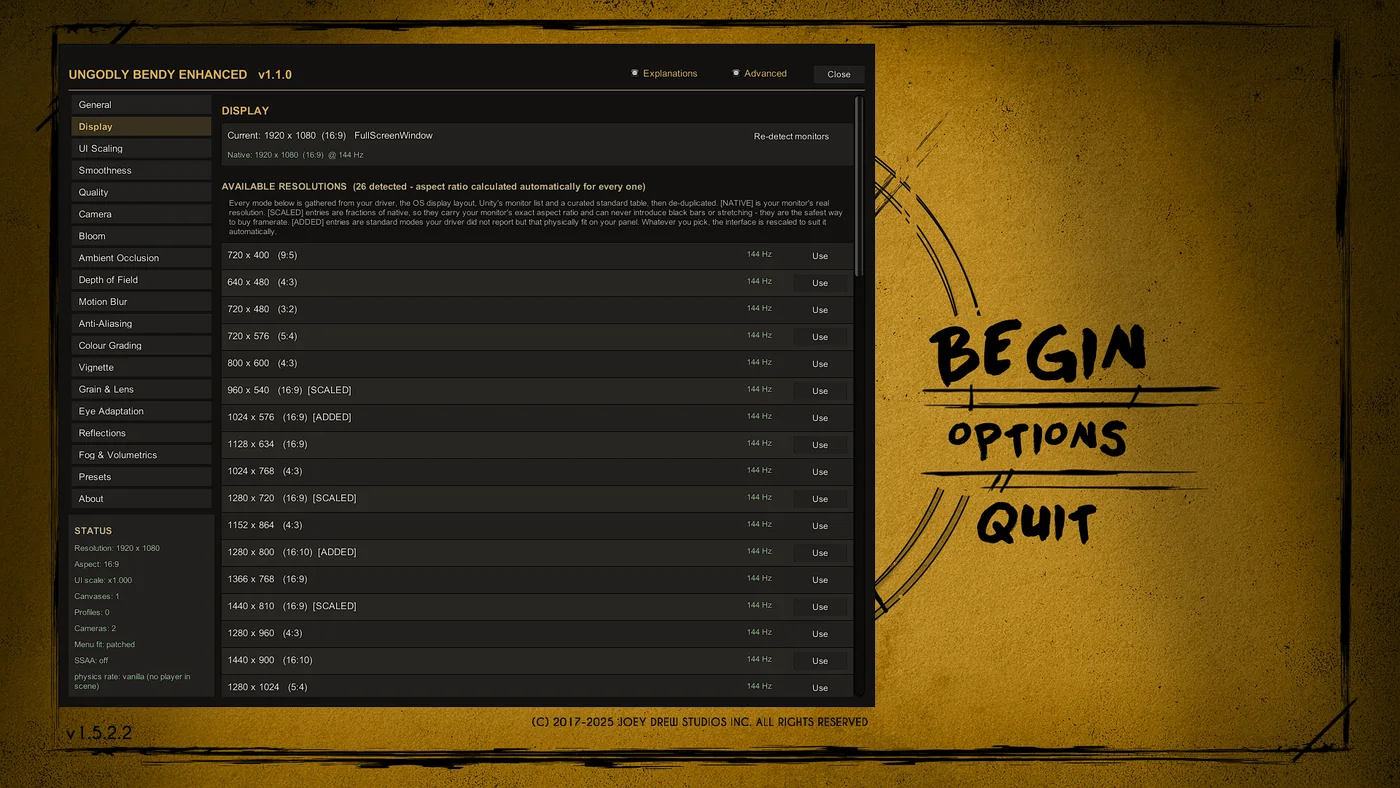 Display tab of the Ungodly Bendy Enhanced settings window