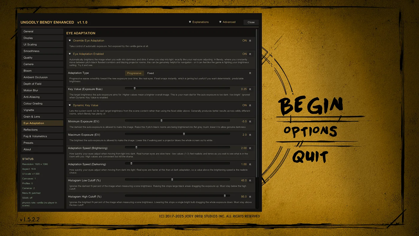 Eye Adaptation tab of the Ungodly Bendy Enhanced settings window