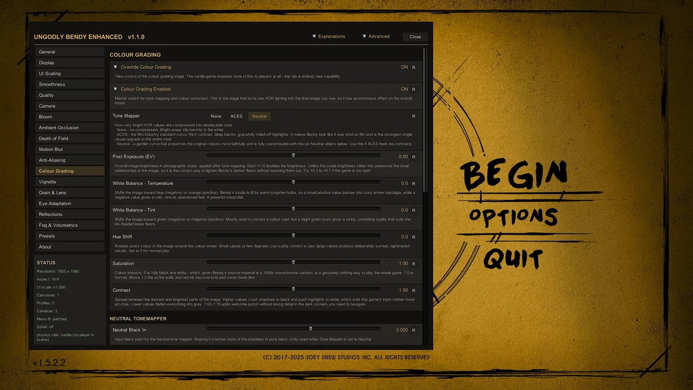 Colour Grading tab of the Ungodly Bendy Enhanced settings window