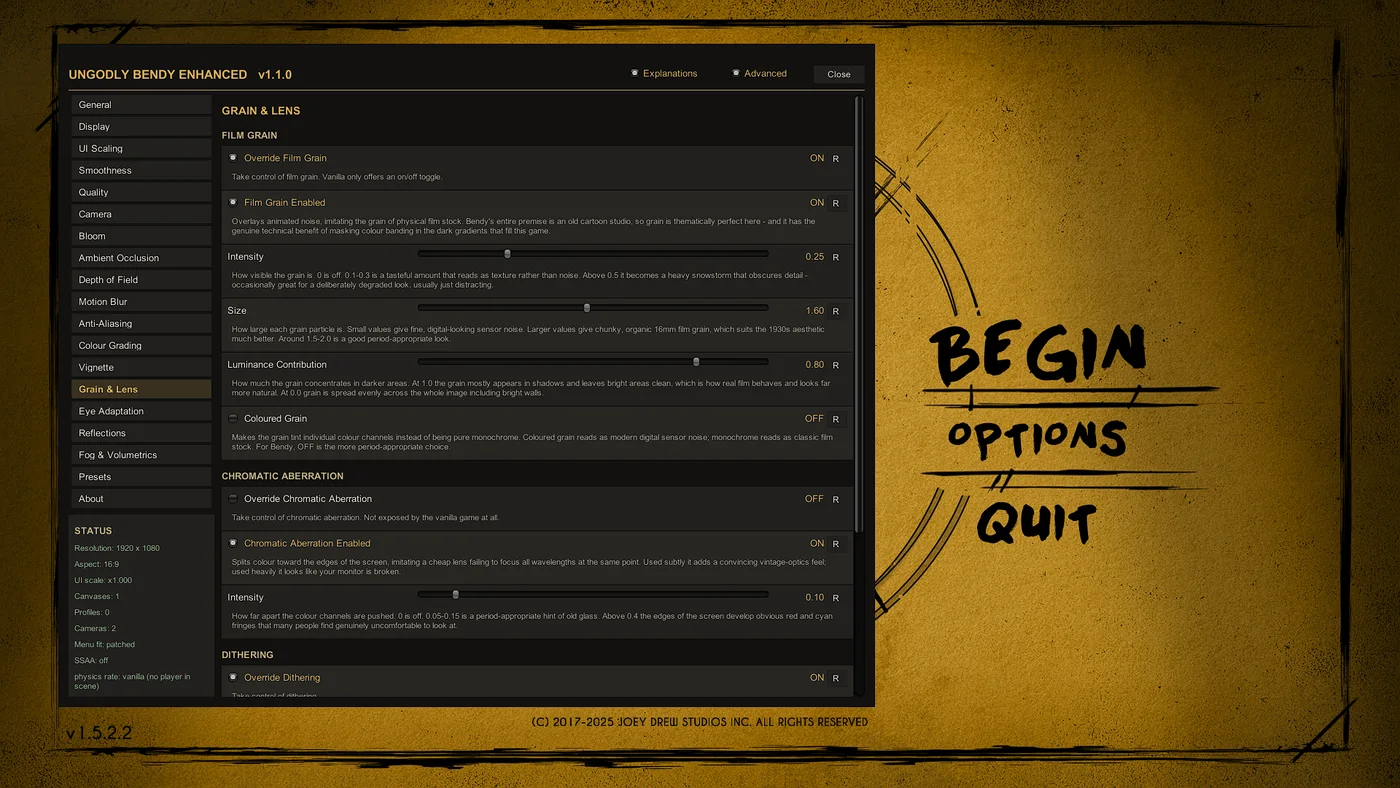 Grain & Lens tab of the Ungodly Bendy Enhanced settings window