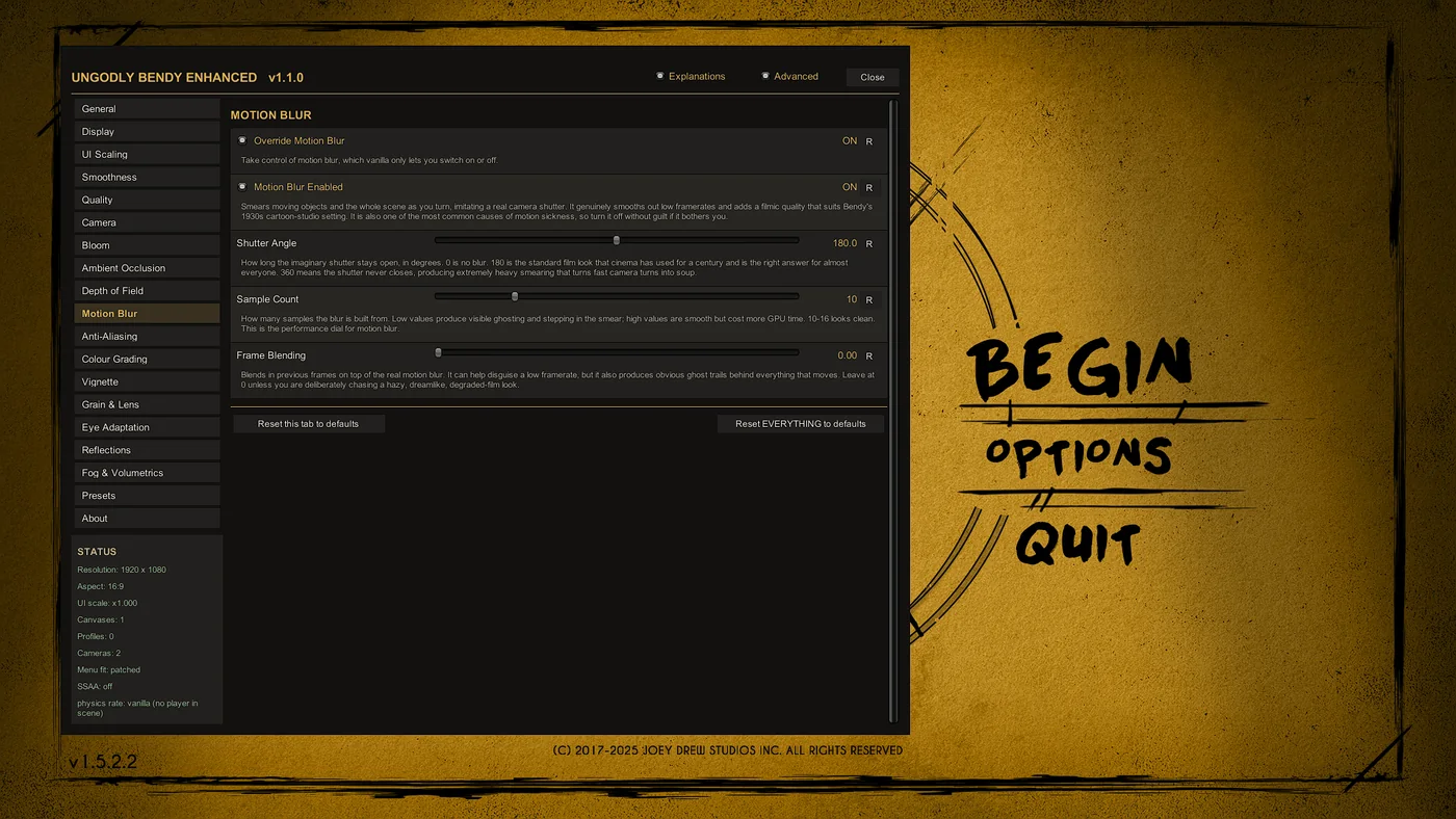 Motion Blur tab of the Ungodly Bendy Enhanced settings window