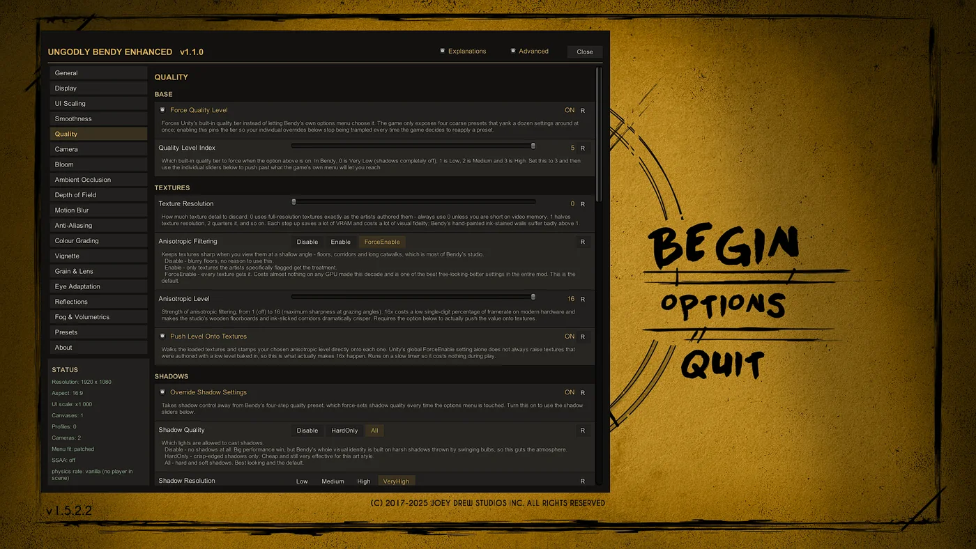Quality tab of the Ungodly Bendy Enhanced settings window