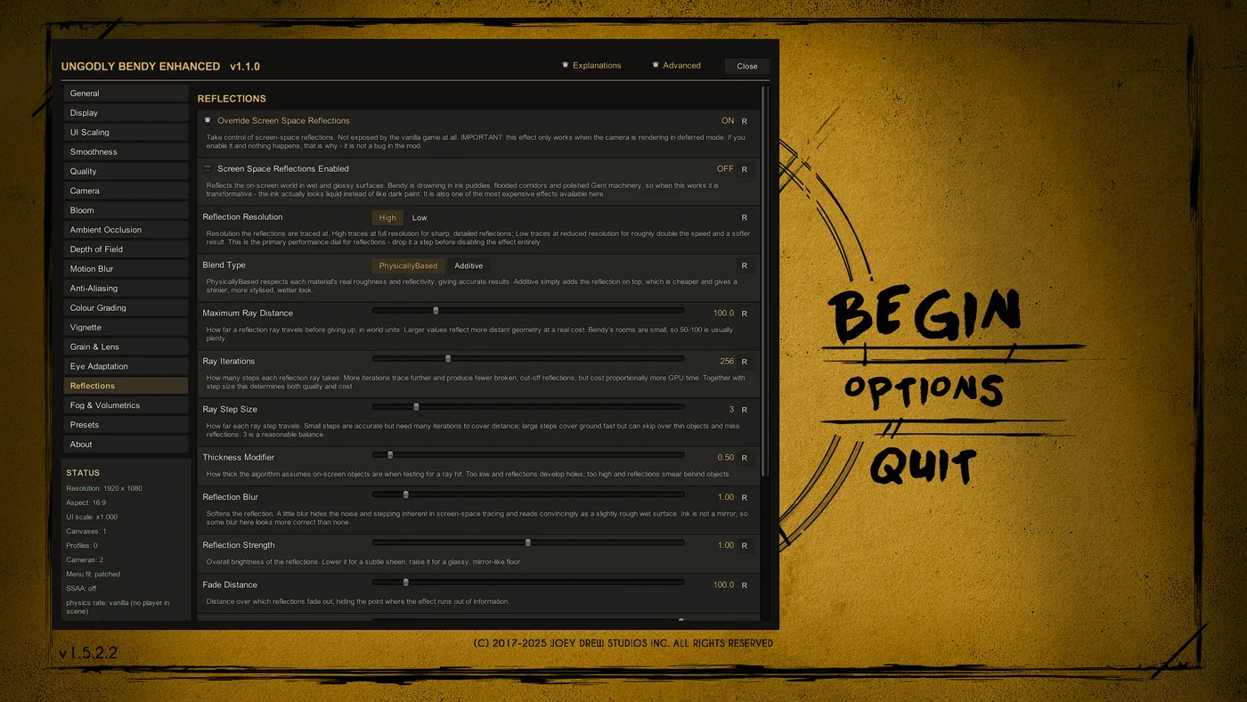 Reflections tab of the Ungodly Bendy Enhanced settings window