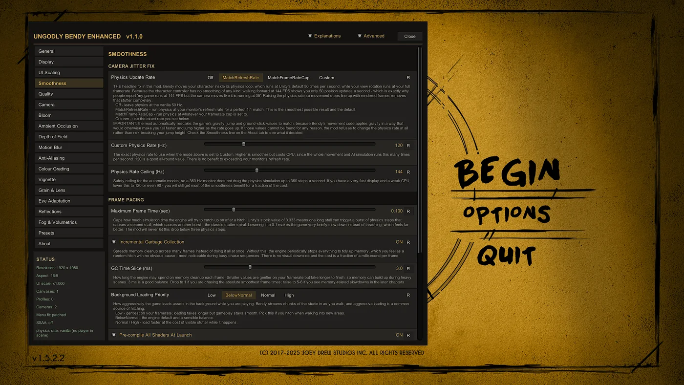 Smoothness tab of the Ungodly Bendy Enhanced settings window
